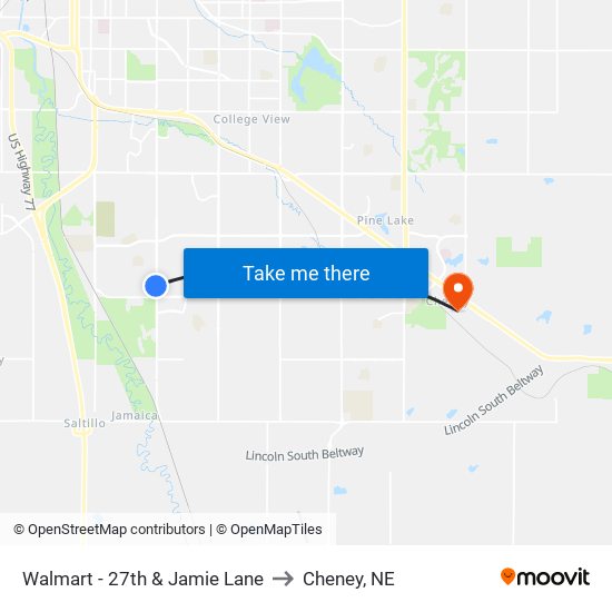 Walmart - 27th & Jamie Lane to Cheney, NE map