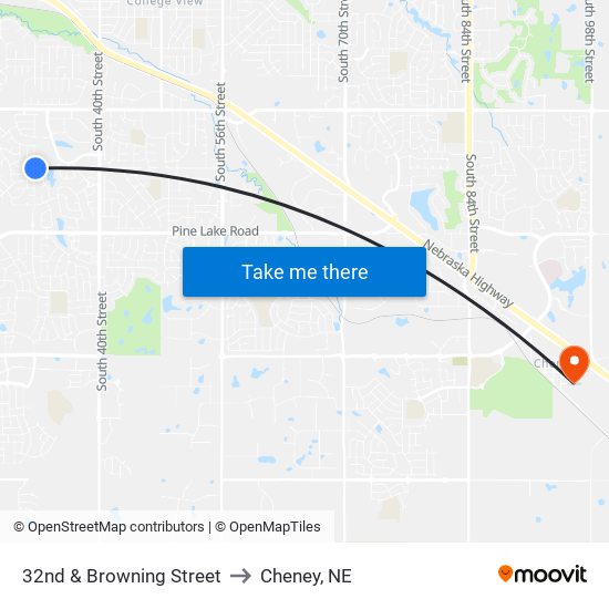 32nd & Browning Street to Cheney, NE map