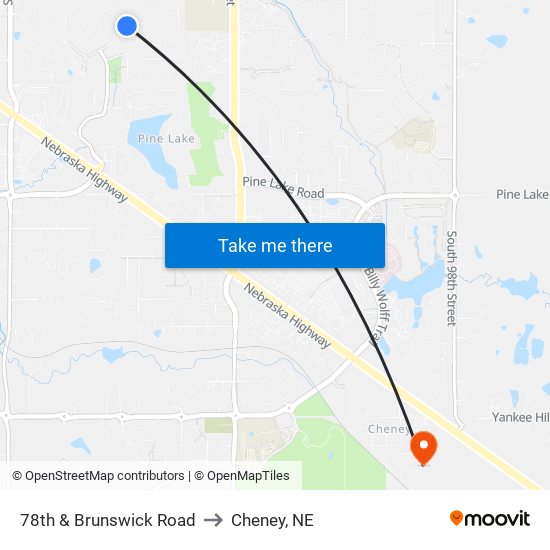 78th & Brunswick Road to Cheney, NE map