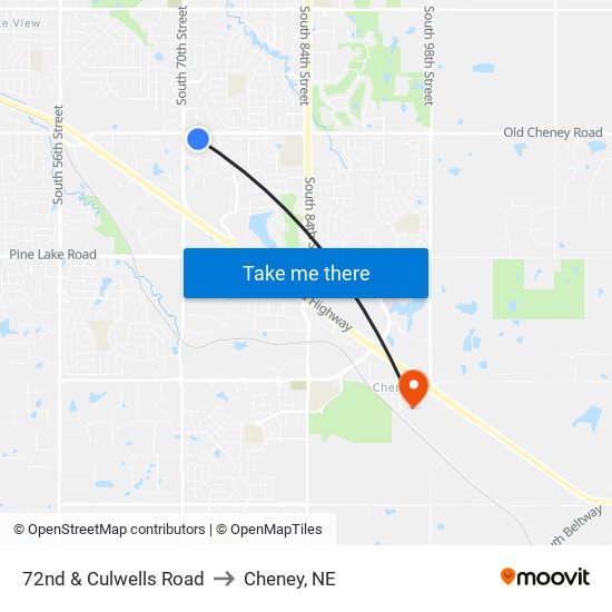 72nd & Culwells Road to Cheney, NE map