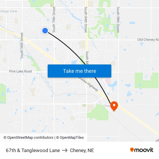 67th & Tanglewood Lane to Cheney, NE map