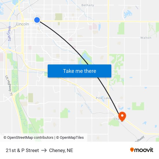 21st & P Street to Cheney, NE map