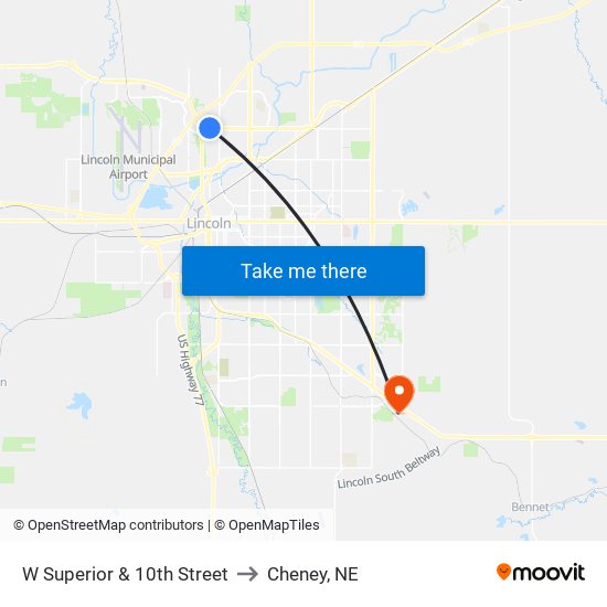 W Superior & 10th Street to Cheney, NE map