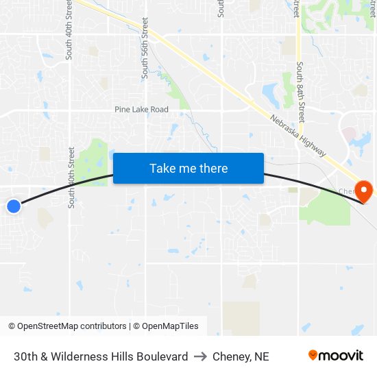 30th & Wilderness Hills Boulevard to Cheney, NE map