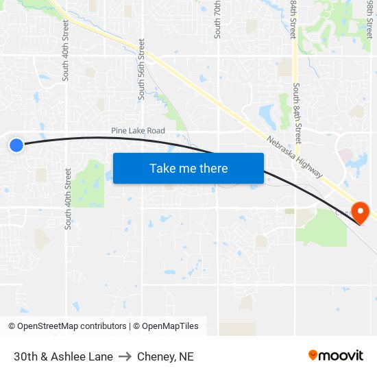 30th & Ashlee Lane to Cheney, NE map