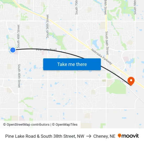 Pine Lake Road & South 38th Street, NW to Cheney, NE map