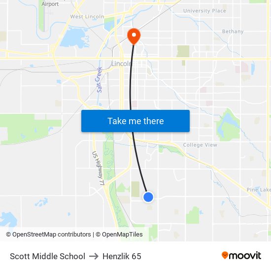 Scott Middle School to Henzlik 65 map