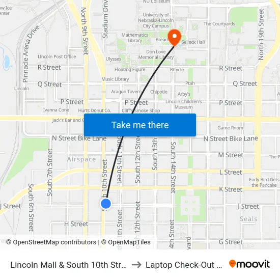 Lincoln Mall & South 10th Street, NE to Laptop Check-Out Union map