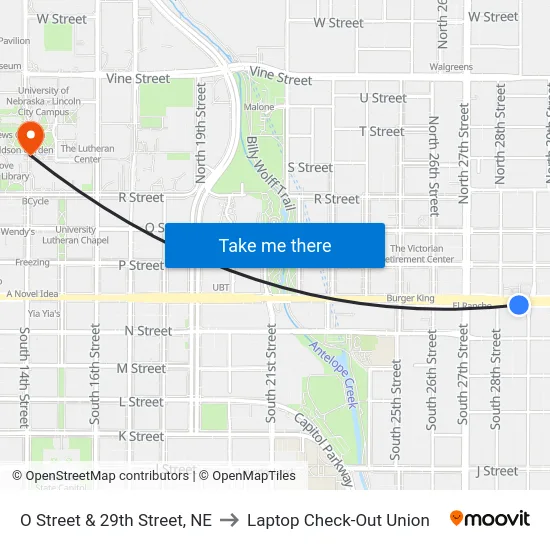 O Street & 29th Street, NE to Laptop Check-Out Union map
