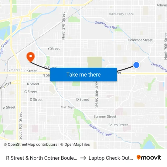 R Street & North Cotner Boulevard, SW to Laptop Check-Out Union map
