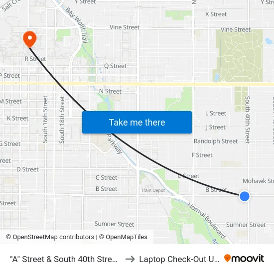 "A" Street & South 40th Street, SW to Laptop Check-Out Union map