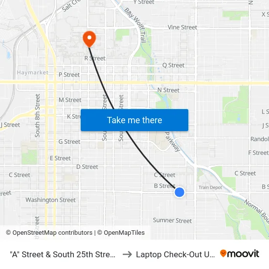 "A" Street & South 25th Street, NE to Laptop Check-Out Union map