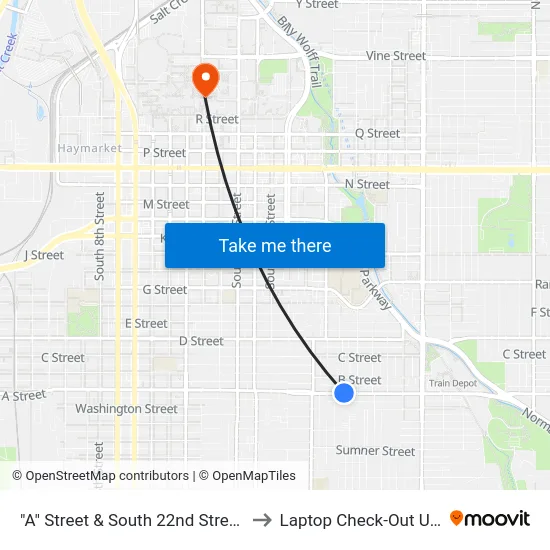 "A" Street & South 22nd Street, NE to Laptop Check-Out Union map