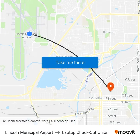 Lincoln Municipal Airport to Laptop Check-Out Union map