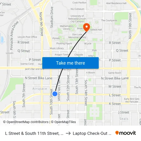 L Street & South 11th Street, Stop 1 to Laptop Check-Out Union map