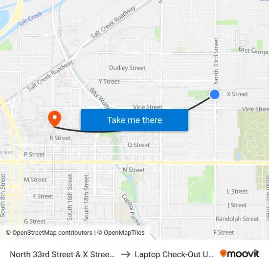 North 33rd Street & X Street, SW to Laptop Check-Out Union map