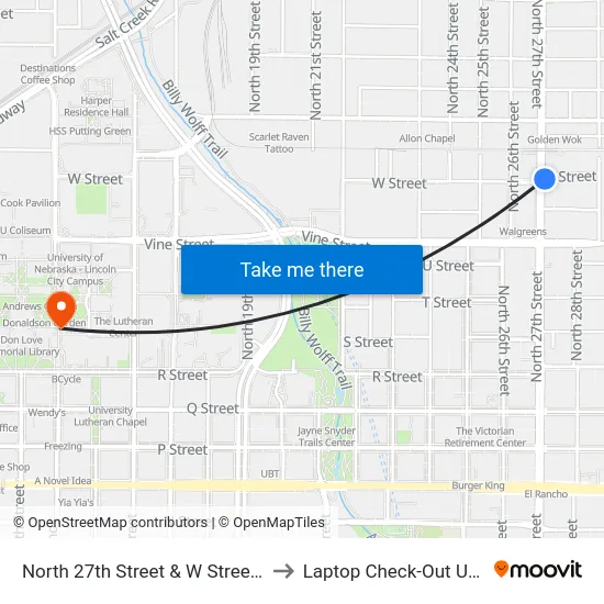 North 27th Street & W Street, NE to Laptop Check-Out Union map