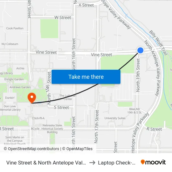 Vine Street & North Antelope Valley Parkway, NW to Laptop Check-Out Union map