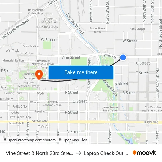 Vine Street & North 23rd Street, SW to Laptop Check-Out Union map
