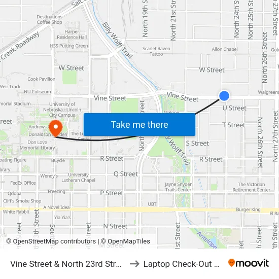 Vine Street & North 23rd Street, NE to Laptop Check-Out Union map