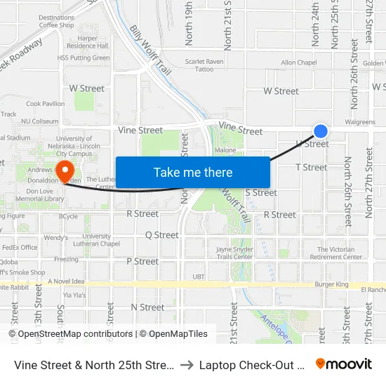 Vine Street & North 25th Street, SW to Laptop Check-Out Union map