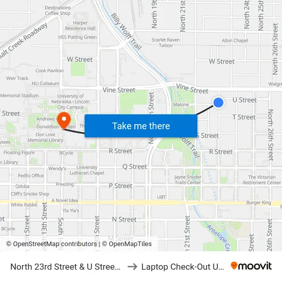 North 23rd Street & U Street, SW to Laptop Check-Out Union map