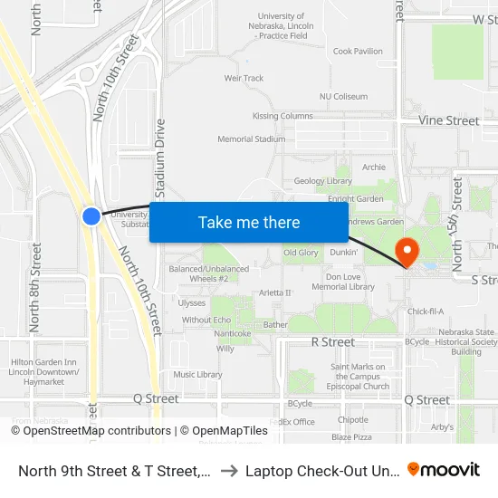 North 9th Street & T Street, SW to Laptop Check-Out Union map