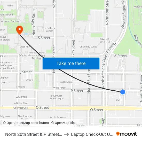 North 20th Street & P Street, SW to Laptop Check-Out Union map