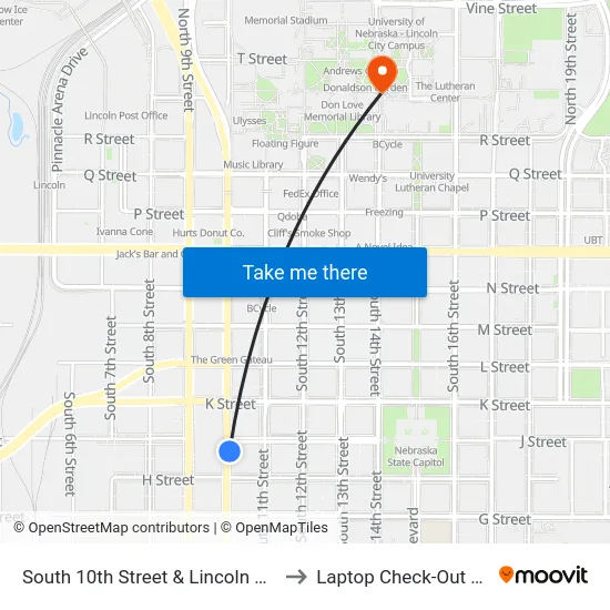 South 10th Street & Lincoln Mall, Se to Laptop Check-Out Union map