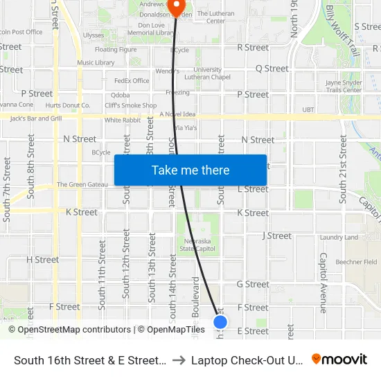 South 16th Street & E Street, NW to Laptop Check-Out Union map