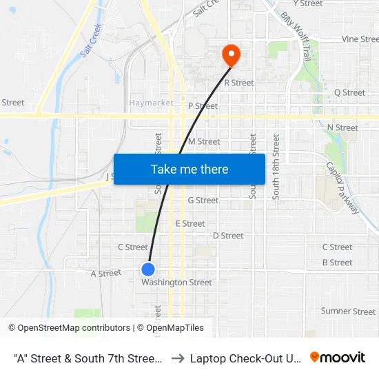 "A" Street & South 7th Street, SW to Laptop Check-Out Union map
