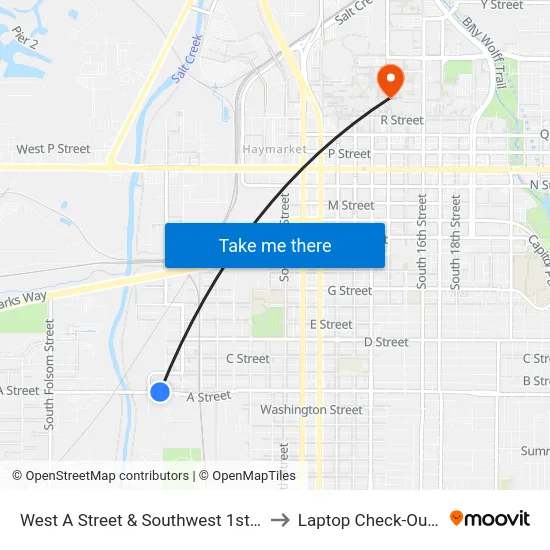 West A Street & Southwest 1st Street, NE to Laptop Check-Out Union map