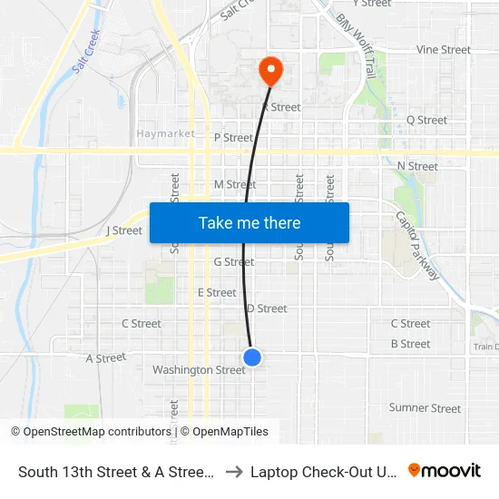 South 13th Street & A Street, SW to Laptop Check-Out Union map