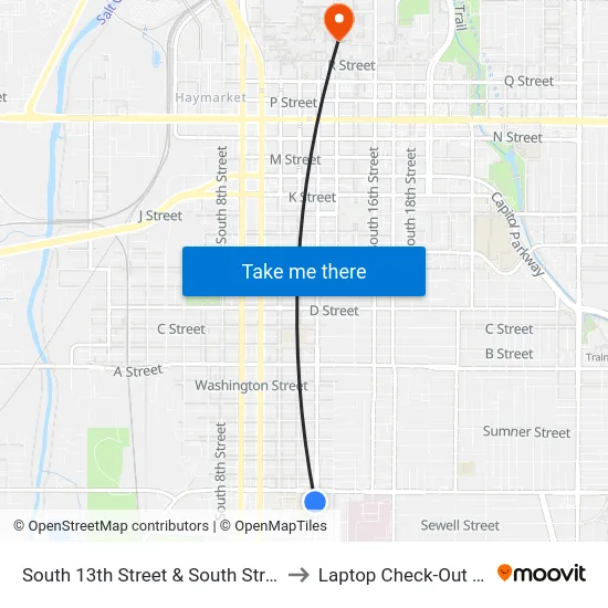 South 13th Street & South Street, SW to Laptop Check-Out Union map