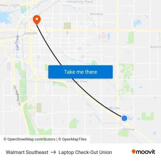 Walmart Southeast to Laptop Check-Out Union map