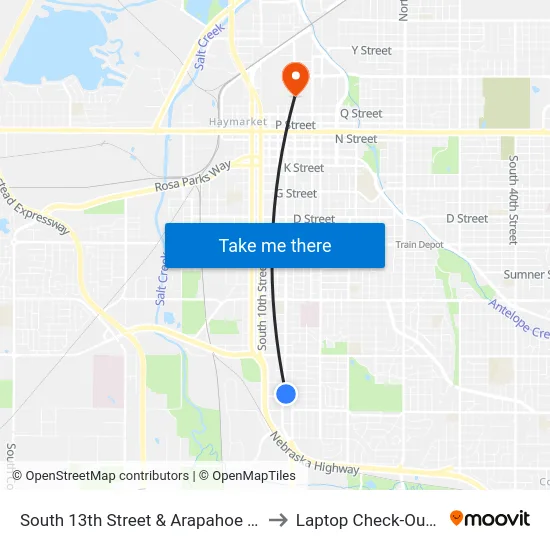 South 13th Street & Arapahoe Street, NE to Laptop Check-Out Union map