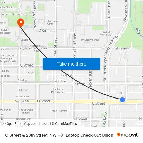 O Street & 20th Street, NW to Laptop Check-Out Union map