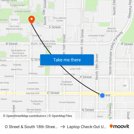 O Street & South 18th Street, NE to Laptop Check-Out Union map