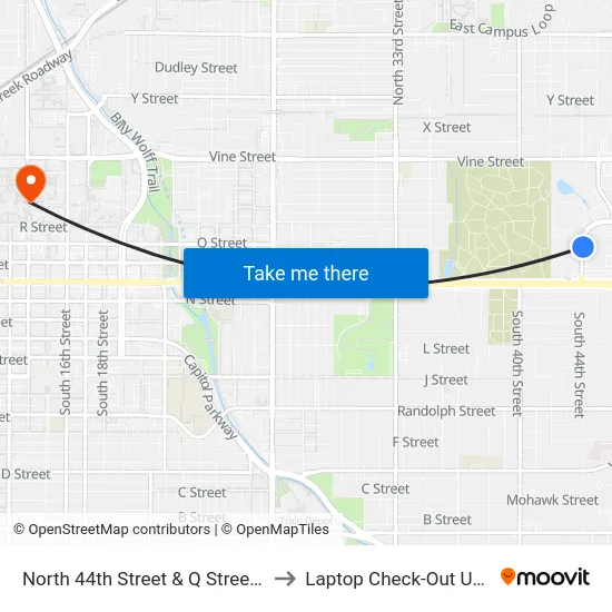 North 44th Street & Q Street, NE to Laptop Check-Out Union map