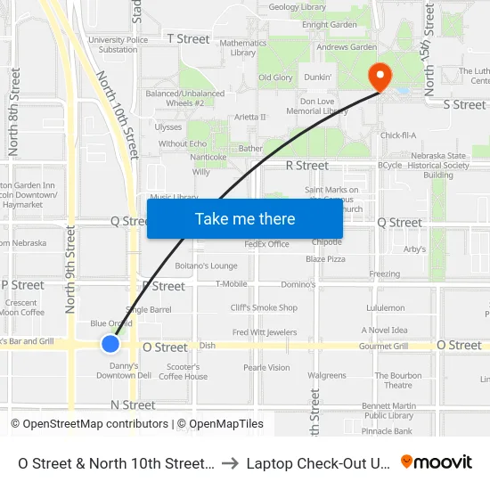O Street & North 10th Street, NW to Laptop Check-Out Union map