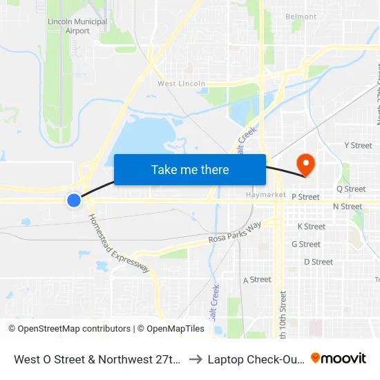 West O Street & Northwest 27th Street, NE to Laptop Check-Out Union map