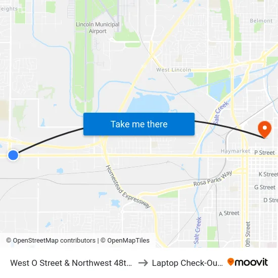 West O Street & Northwest 48th Street, NE to Laptop Check-Out Union map
