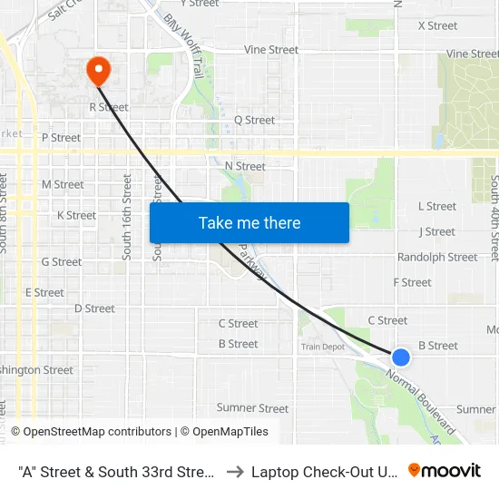 "A" Street & South 33rd Street, Se to Laptop Check-Out Union map