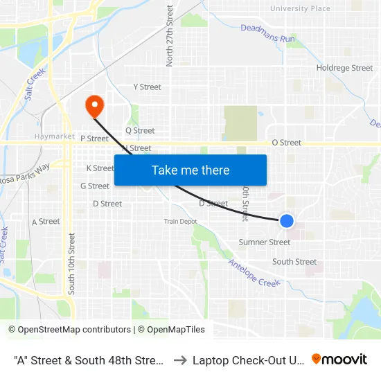 "A" Street & South 48th Street, NE to Laptop Check-Out Union map