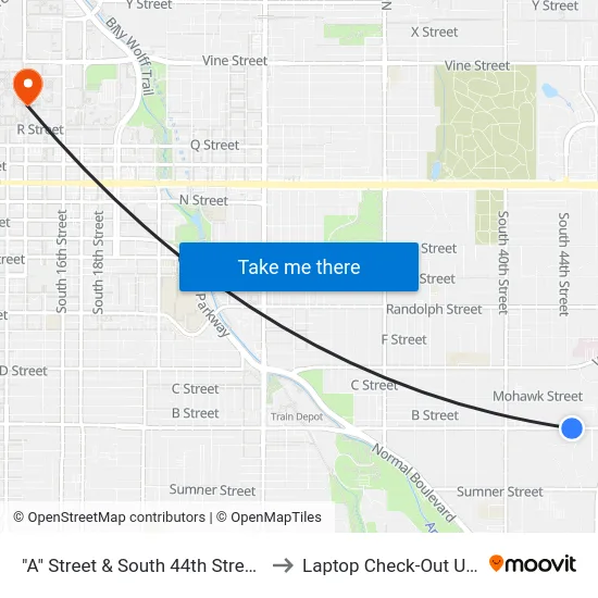 "A" Street & South 44th Street, NE to Laptop Check-Out Union map