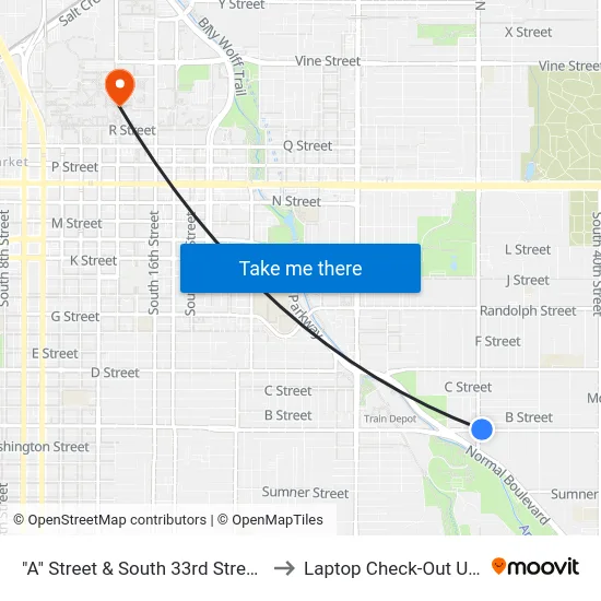 "A" Street & South 33rd Street, NE to Laptop Check-Out Union map