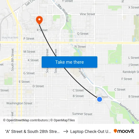"A" Street & South 28th Street, NE to Laptop Check-Out Union map