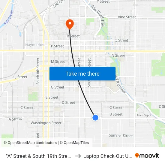 "A" Street & South 19th Street, NE to Laptop Check-Out Union map