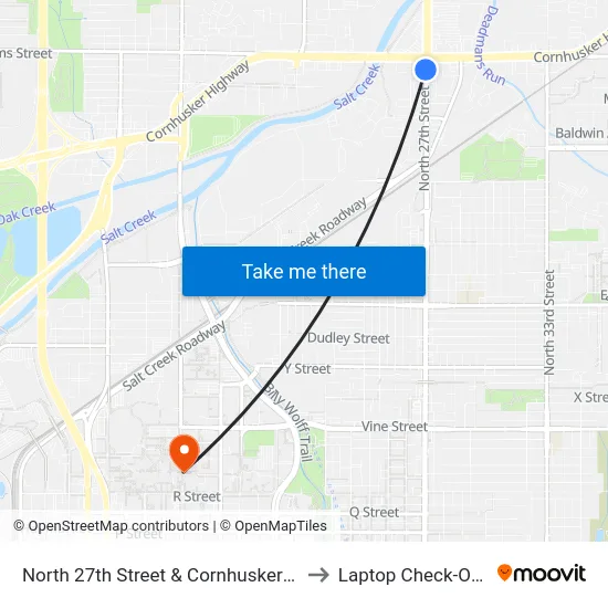 North 27th Street & Cornhusker Highway, SW to Laptop Check-Out Union map