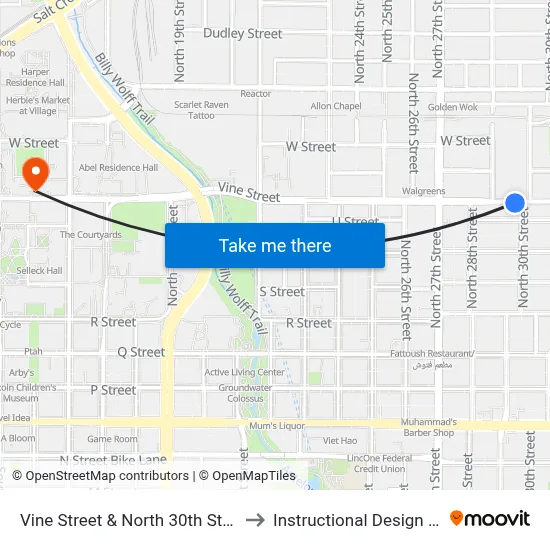 Vine Street & North 30th Street, SW to Instructional Design Center map